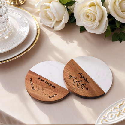 Sous-verre Personnalisable en Marbre et Bois Cadeau pour Crémaillère ou Mariage