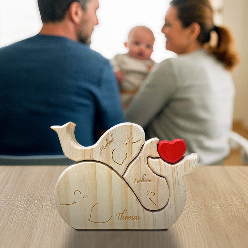 Pièces de Puzzle Familiales de Baleines en Bois Personnalisées 2 à 5 Baleines au Choix