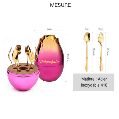 Ensemble de Couverts 6 Pièces en Acier Inoxydable avec Boîte en Forme d'Œuf de Rose