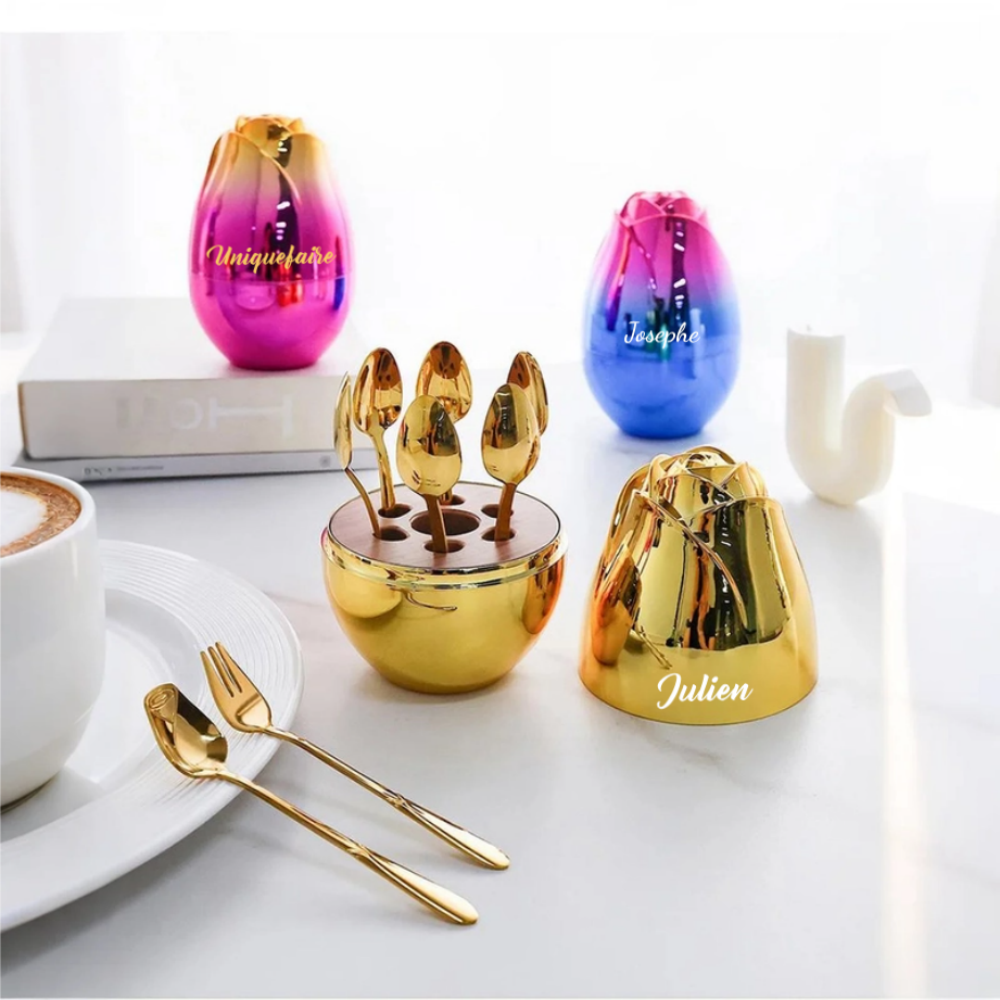 Ensemble de Couverts 6 Pièces en Acier Inoxydable avec Boîte en Forme d'Œuf de Rose