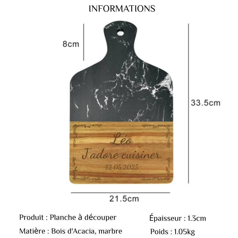 Planche à découper avec poignée en marbre et bois