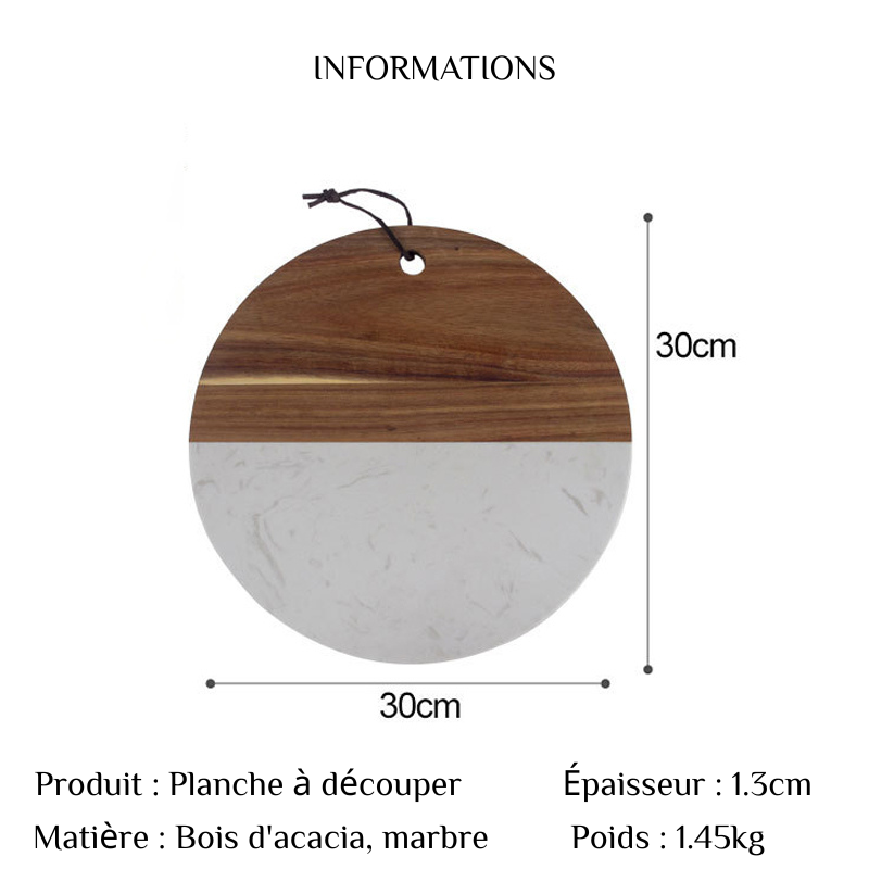 Planche à découper ronde en bois et marbre Double face avec trou à accocher