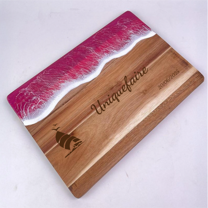 Planche à Découper Personnalisble en Résine et Bois avec Design de Vague de Mer