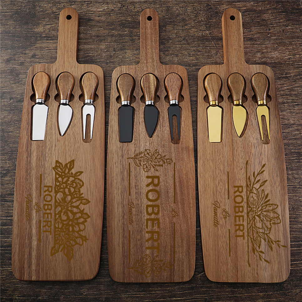 Ensemble de Couteaux à Fromage avec Planche en Bois Set de 3 Couteaux et Planche Personnalisable Cadeau pour Famille