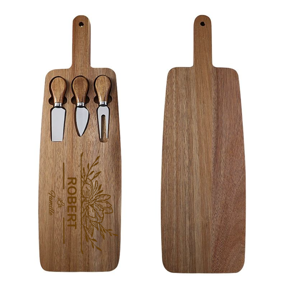 Ensemble de Couteaux à Fromage avec Planche en Bois Set de 3 Couteaux et Planche Personnalisable Cadeau pour Famille