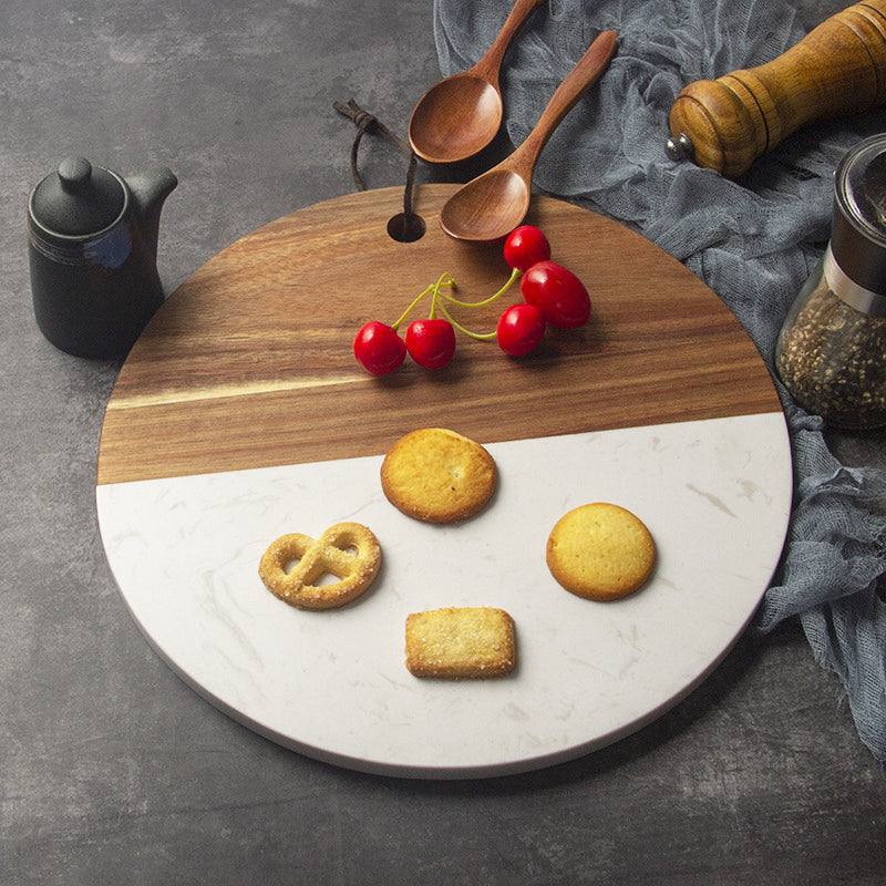 Planche à découper ronde en bois et marbre Double face avec trou à accocher