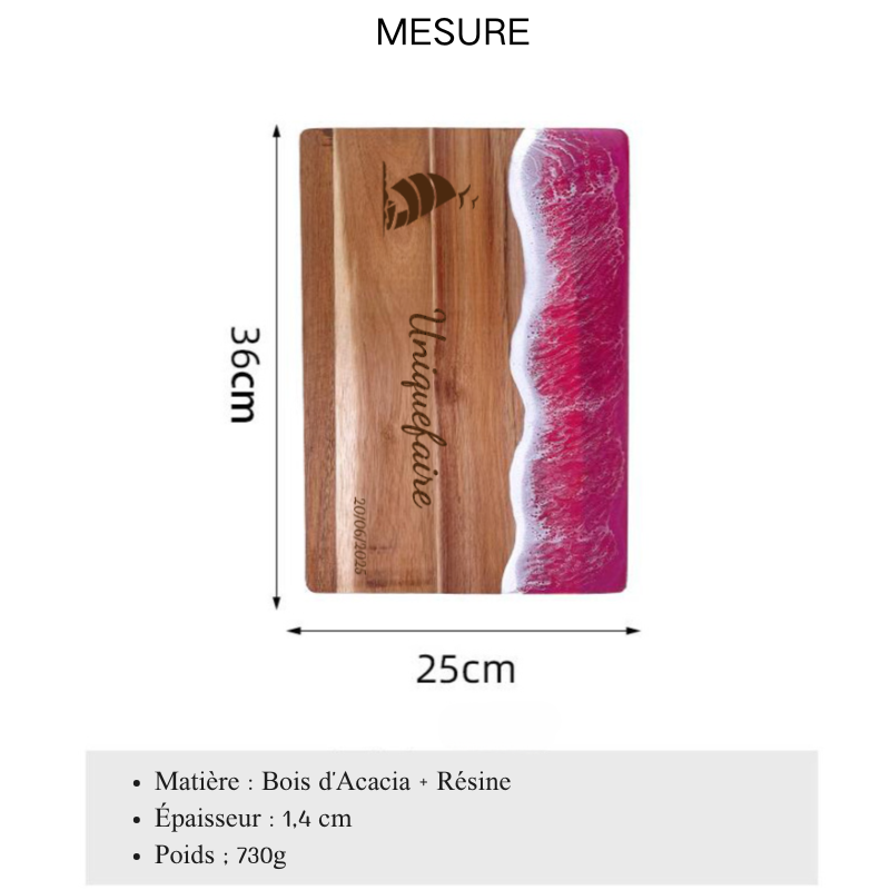 Planche à Découper Personnalisble en Résine et Bois avec Design de Vague de Mer