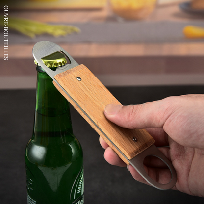 Ouvre-Bouteilles en Acier Inoxydable Manche Plat en Bois