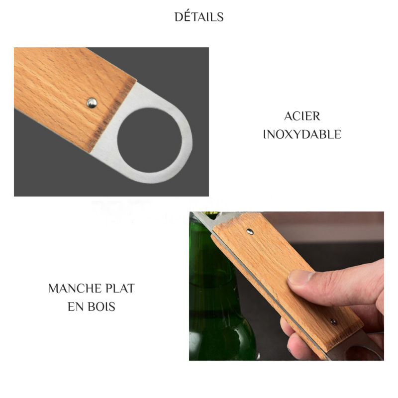 Ouvre-Bouteilles en Acier Inoxydable Manche Plat en Bois